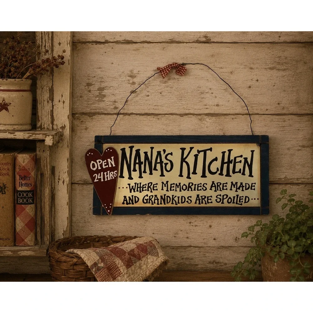 Nana's Kitchen Rustic Wood Wall Sign Primitive Farmhouse Decor Heart Gingham